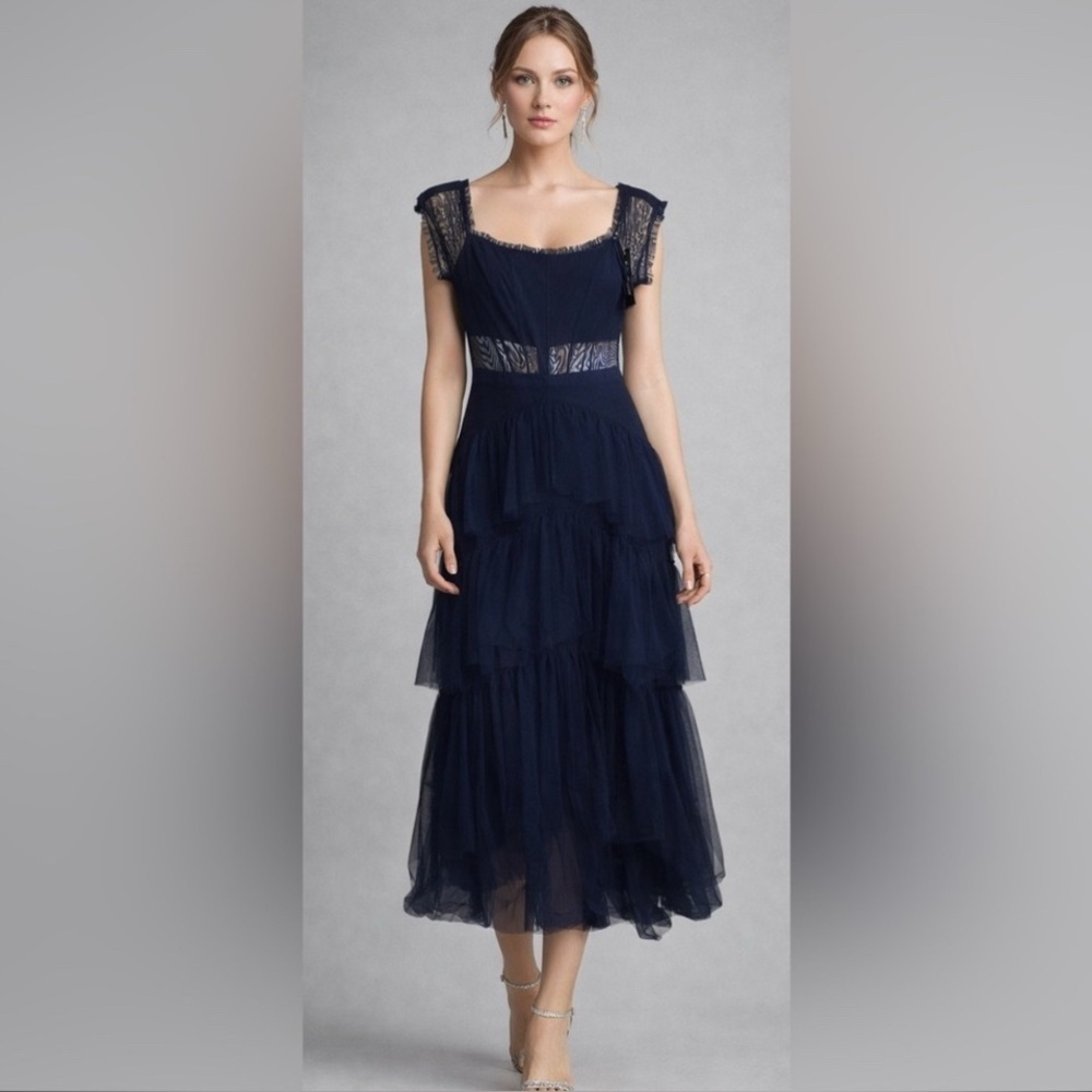 Betsy & Adam Navy Prom Fairy Tulle Gown Sheer Lace Bodice Romantic NWT Size 8